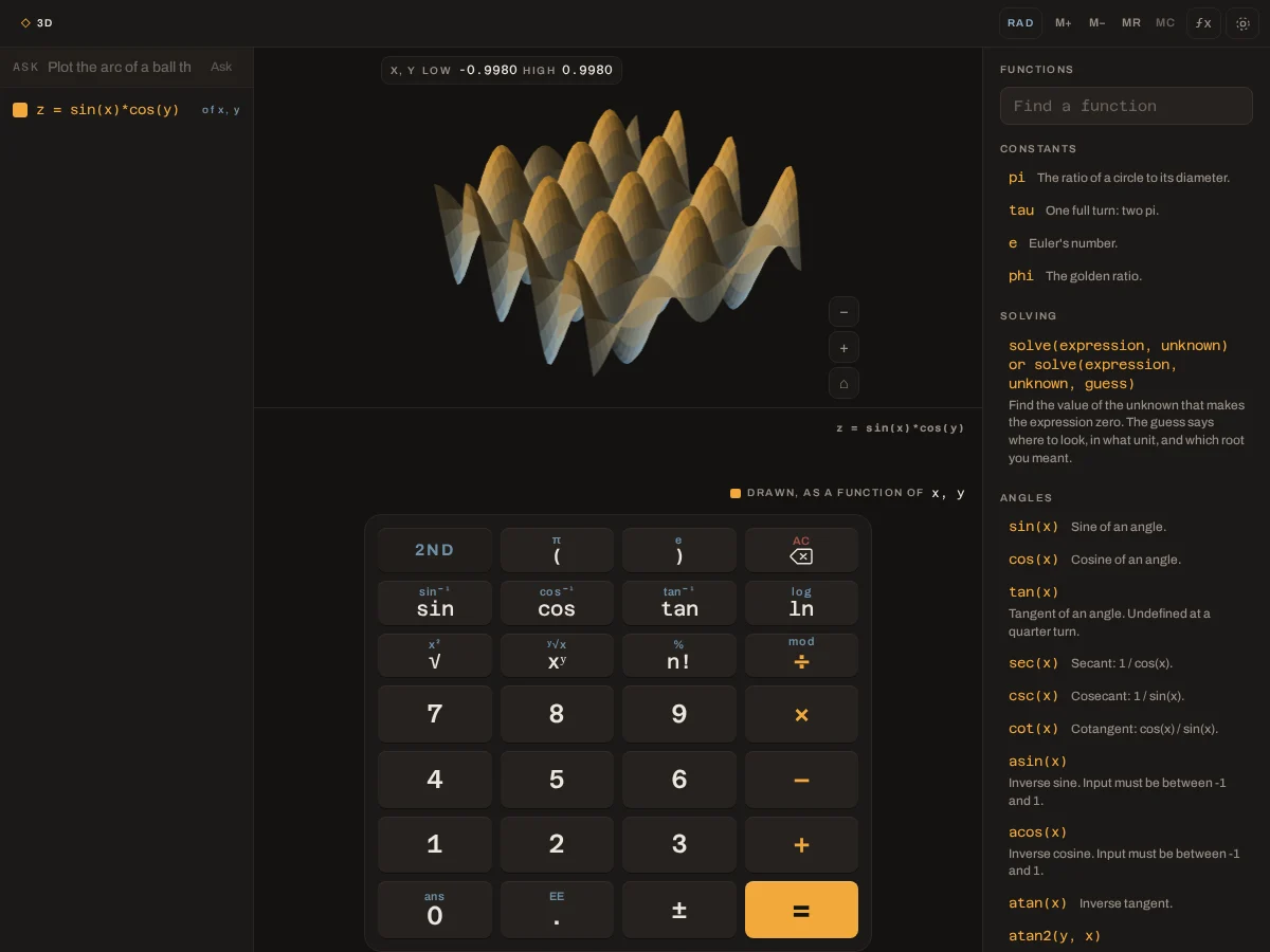 The 0B6OS calculator in 3D mode showing the same z = sin(x)·cos(y) surface at the same angle as the palette preview, with a keypad below and a function reference alongside.